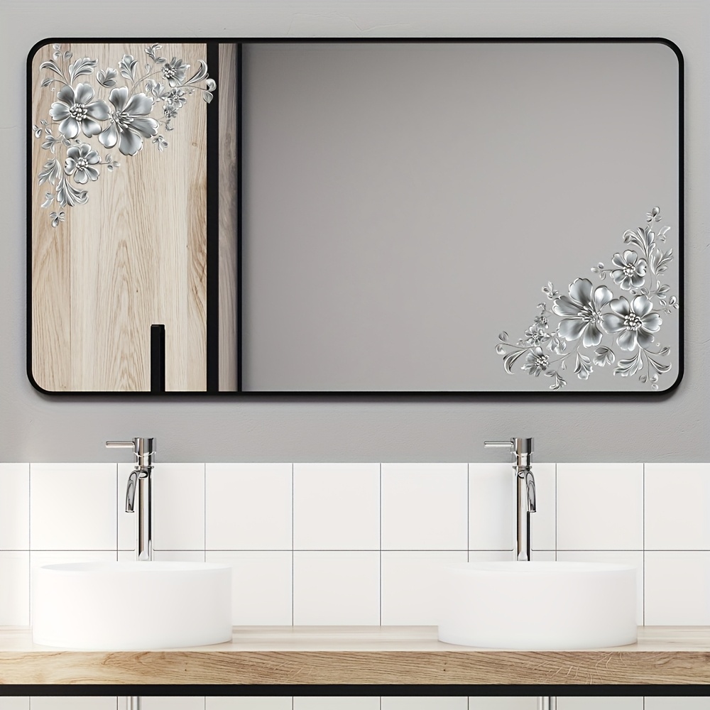 1pc European Style Silvery Floral Mirror Sticker Mirror Decoration Painting Adds Elegant Light Luxury Washing Atmosphere