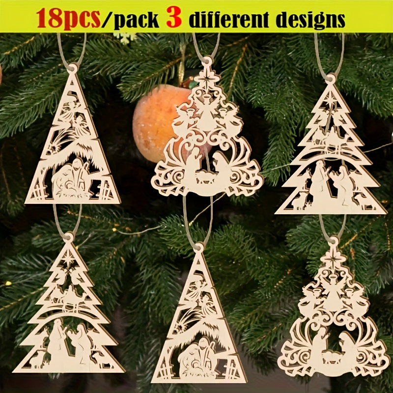 TEMU 18pcs Wooden Holiday Christmas Tree Ornaments Pack - 3 Christmas Tree Themed Designs, Exquisite Hollow Cutout Design, Perfect Seasonal Holiday