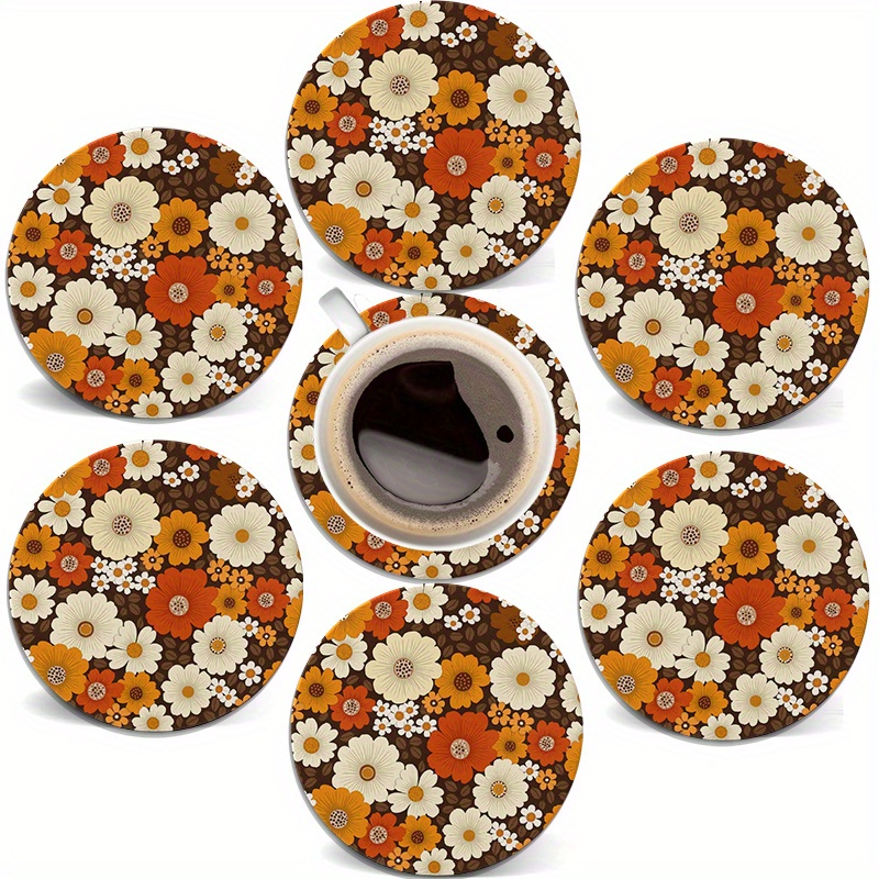 TEMU 6 stuks Ronde Houten Onderzetters - Retro Oranje en Bruine Bloemmotieven - 2D Platte 4-Inch Huisdecoratie Onderzetters, Geschikt voor