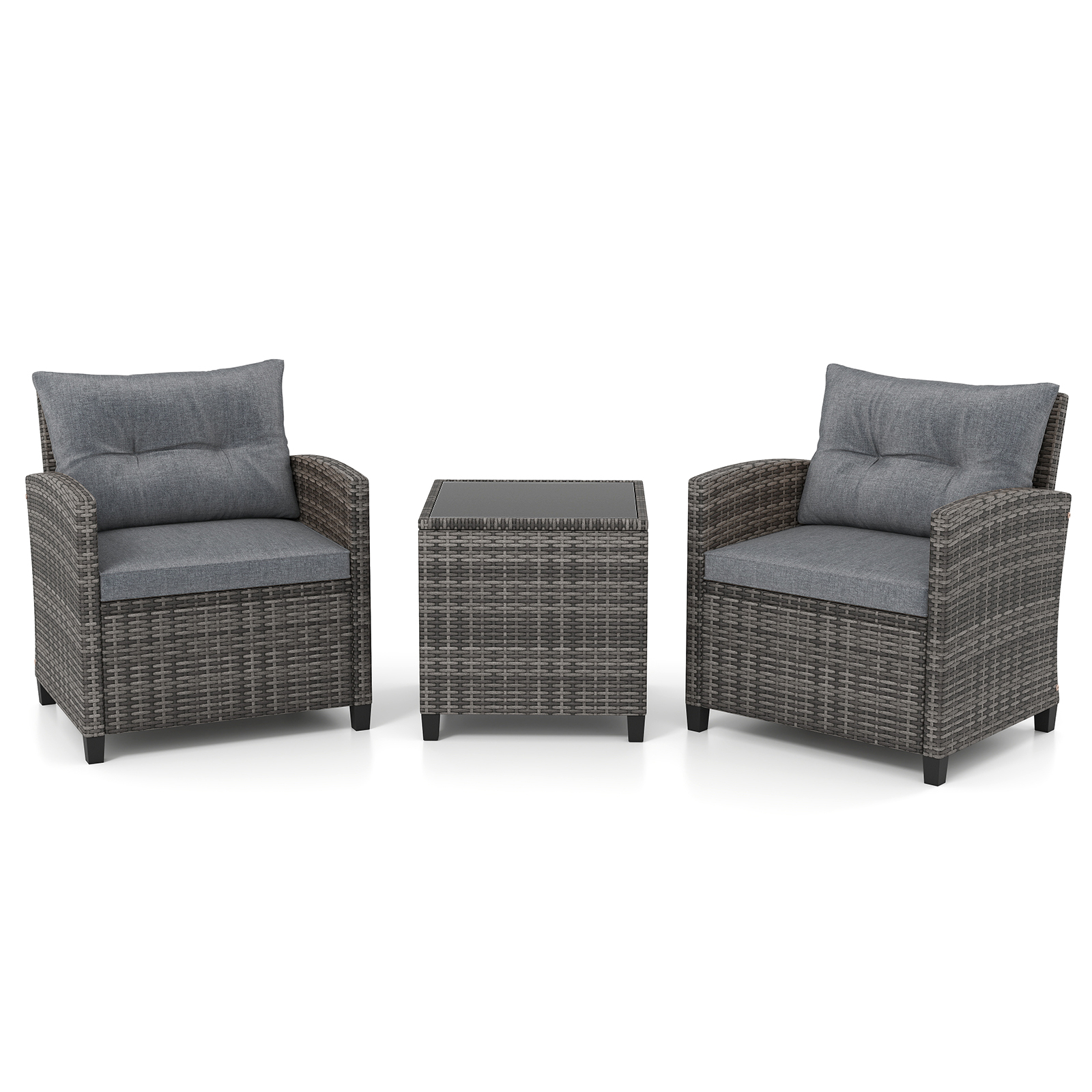 Image of 3pcs Outdoor Bistro Garden Sofa Set, With Tempered Glass Tabletop, Patio Wicker Conversation Furniture With Cushions For Balcony, Porch, Backyard, Mixed Gray And Gray