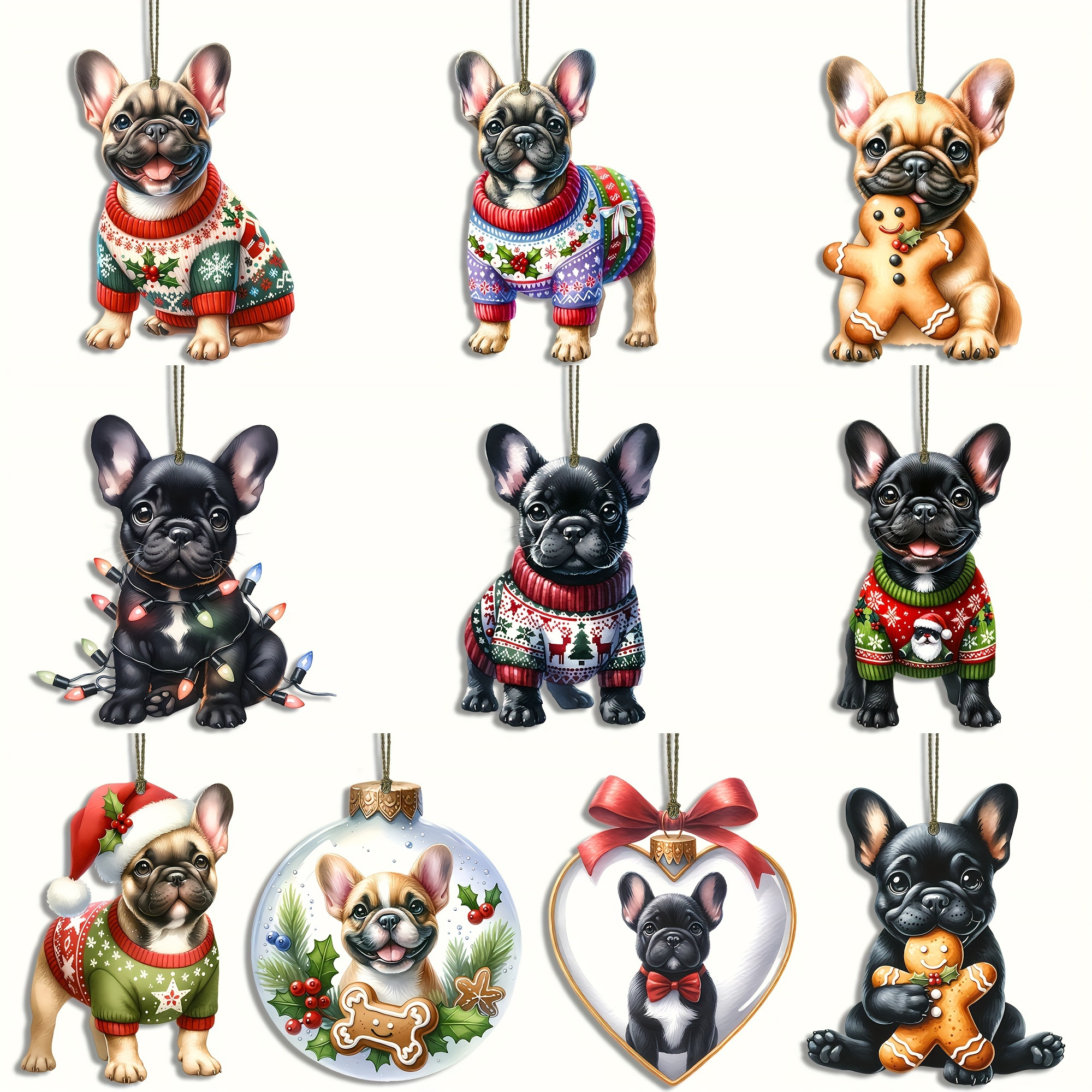 10pcs Festive French Bulldog Christmas Ornaments - Handcrafted Wooden Hanging Decorations with Santa Hats, Scarves & Holiday Outfits, Perfect for Holiday Tree & Home Decor, No Electricity Needed, Christmas Decorations