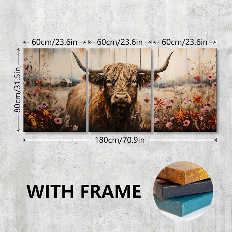 TEMU Set van 3 Stuks Houten Ingelijste Canvas Posters, Schotse Koe, Koe met Bloemen, Rustieke Boerderij, Vintage Landelijke Muurkunst Schilderij voor