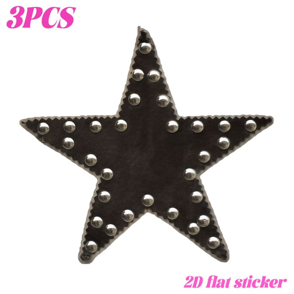 TEMU 3pcs 2d Flat Heat Transfer Stickers Western Biker Style Star Patches With Metallic Studs Design For Iron-on Transfers Heat Press Appliques