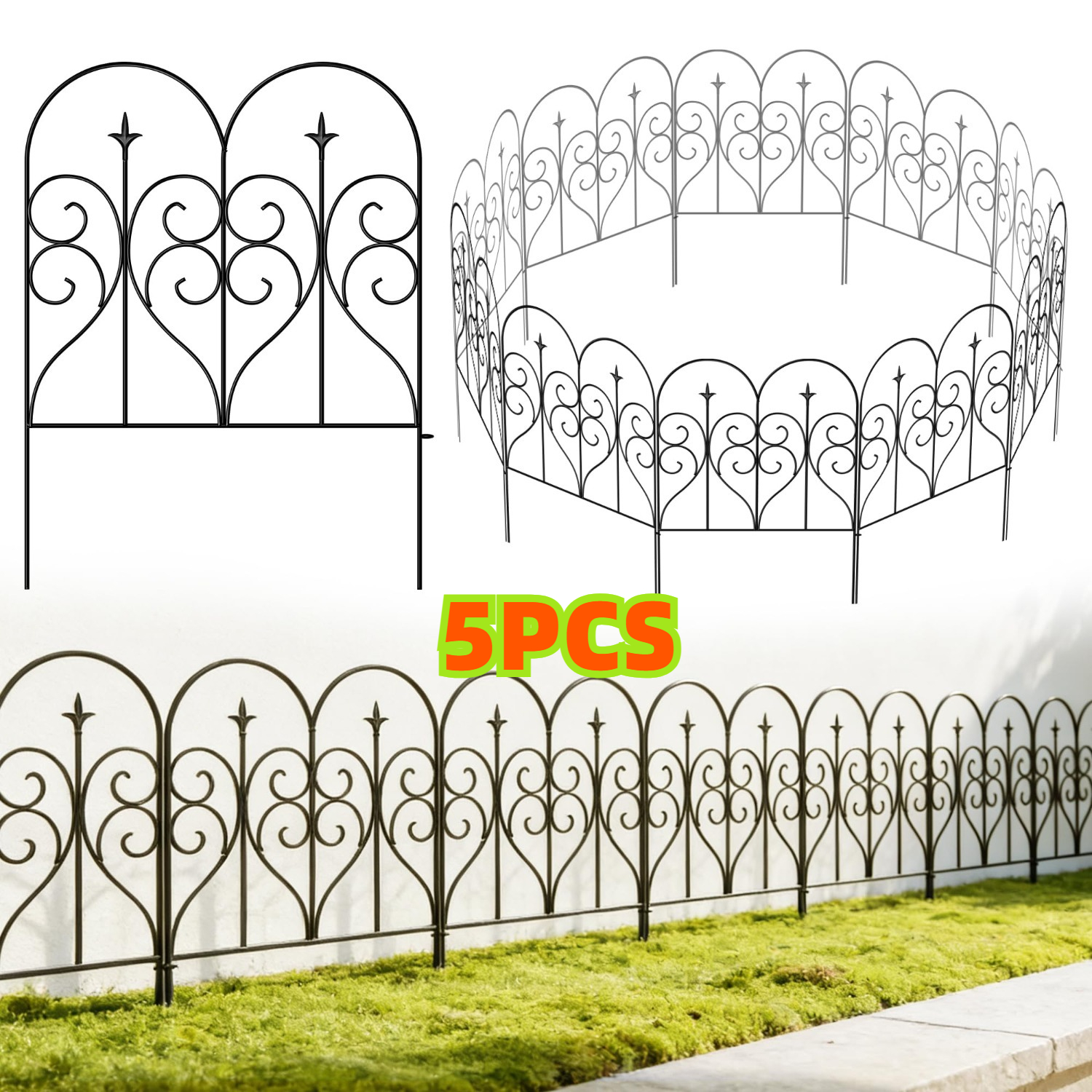 Image of [3d] 5pcs/10pcs Garden Fence 32' H, No Digging Heavy Duty Metal Fence Panels, Outdoor Dog Fence Animal Barrier, Decorative Fencing For Flower Bed, Yard, Landscape Edging
