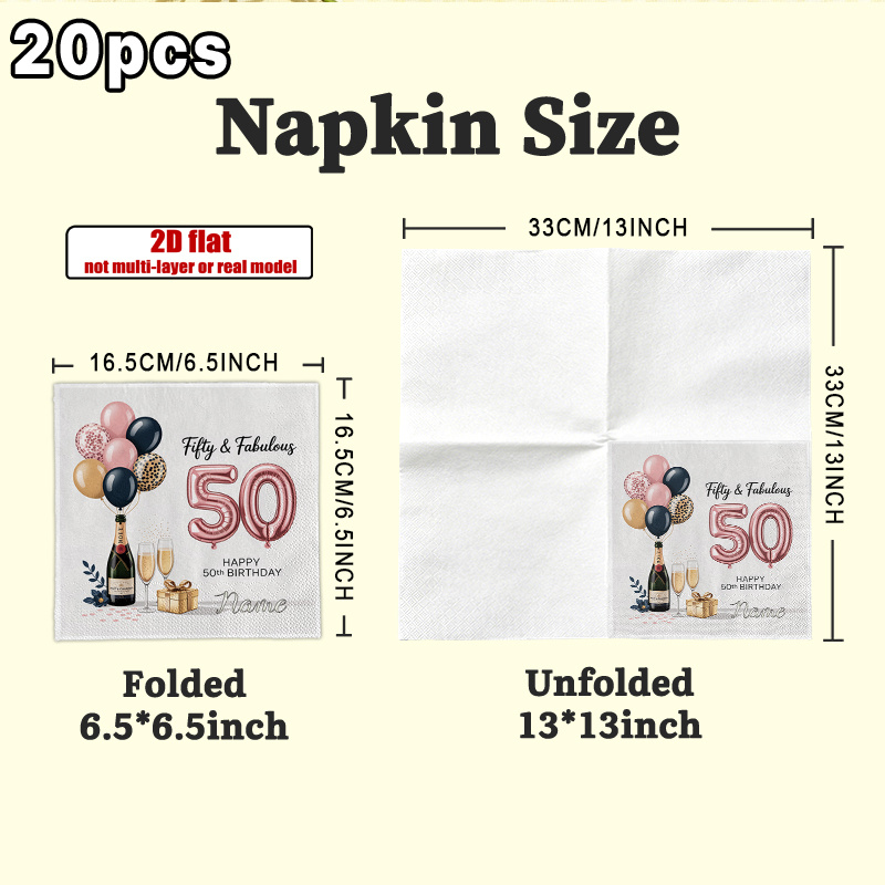 TEMU 2d Flat 20pcs, Rose Golden 50th Birthday Balloon Champagne Napkins Custom Name, Party Napkins, Guest Hand Towels Decorative Paper, Spring Summer