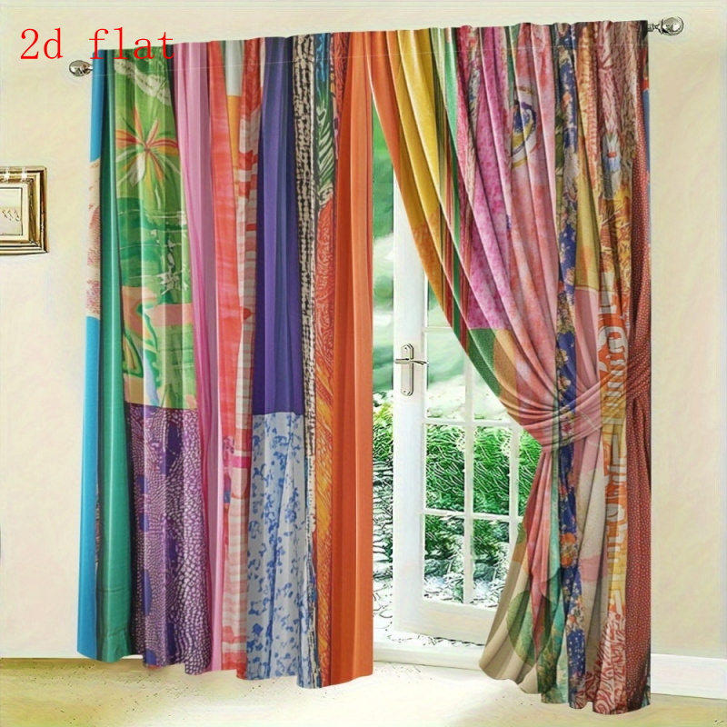 TEMU 2d Flat, 2pcs Set Of Bohemian-style Indian Curtains- Semi-transparent Light-filtering Curtains With Vibrant Indian Patterns, Rod , Machine