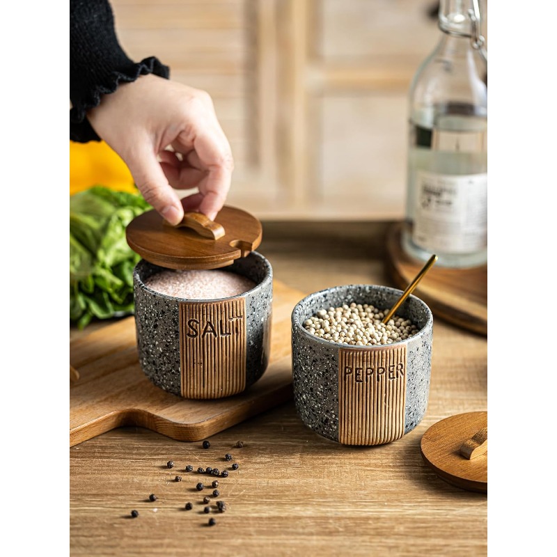 ceramic salt and pepper bowl set with marble like gray wood lid 10oz salt shaker container pepper grinder holder dishwasher rustic countertop organizer with spoons compatible with salt pepper cellar Product details 7