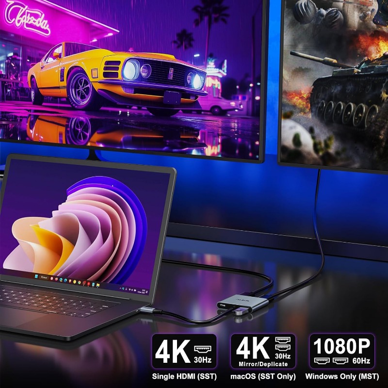 KOZYC USB-C to Dual HDTV Adapter, 4K@30Hz USB-C Hub with 2x HDTV, USB 3.0, 100W PD, USB-C to HDTV Splitter, Extended Display for Windows MST, macOS (Only SST), Compatible with Mac Pro/Air, Dell XPS