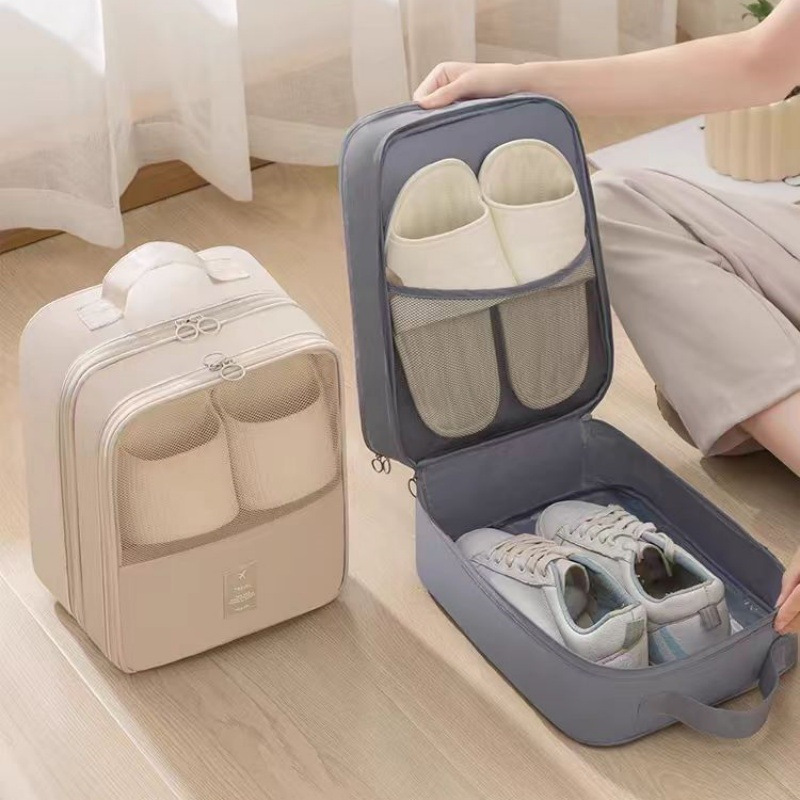 portable large capacity shoe storage bag for travel holds 3 pairs of shoes durable dustproof breathable organizer with ergonomic handle gray black shoe storage organizer compact travel gear   Product details 3