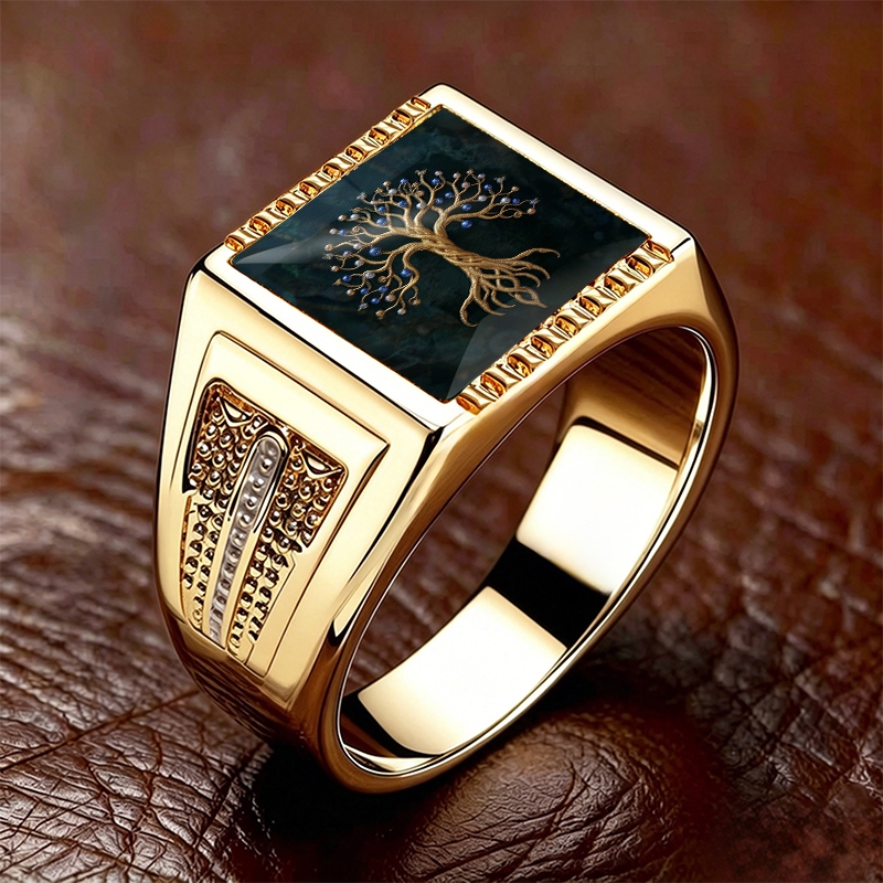 TEMU A High-end Golden- With An Exquisite Tree Motif. This Ring Features A Luxurious Golden-gloss Finish With Inlaid Synthetic Cubic Elements Along