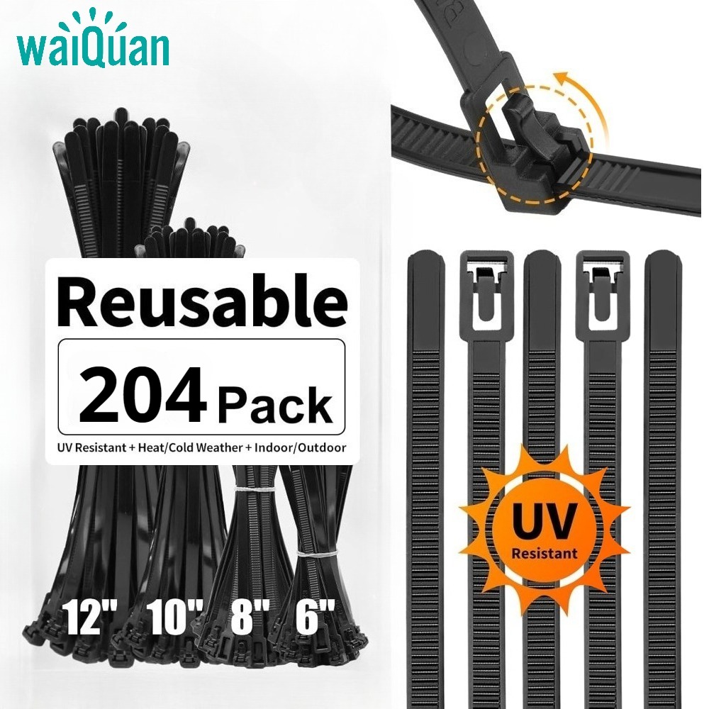 TEMU Lot de 204 attaches-câbles réutilisables WALQUAN robustes pour usage extérieur/intérieur, attaches de câble en nylon résistantes aux UV avec
