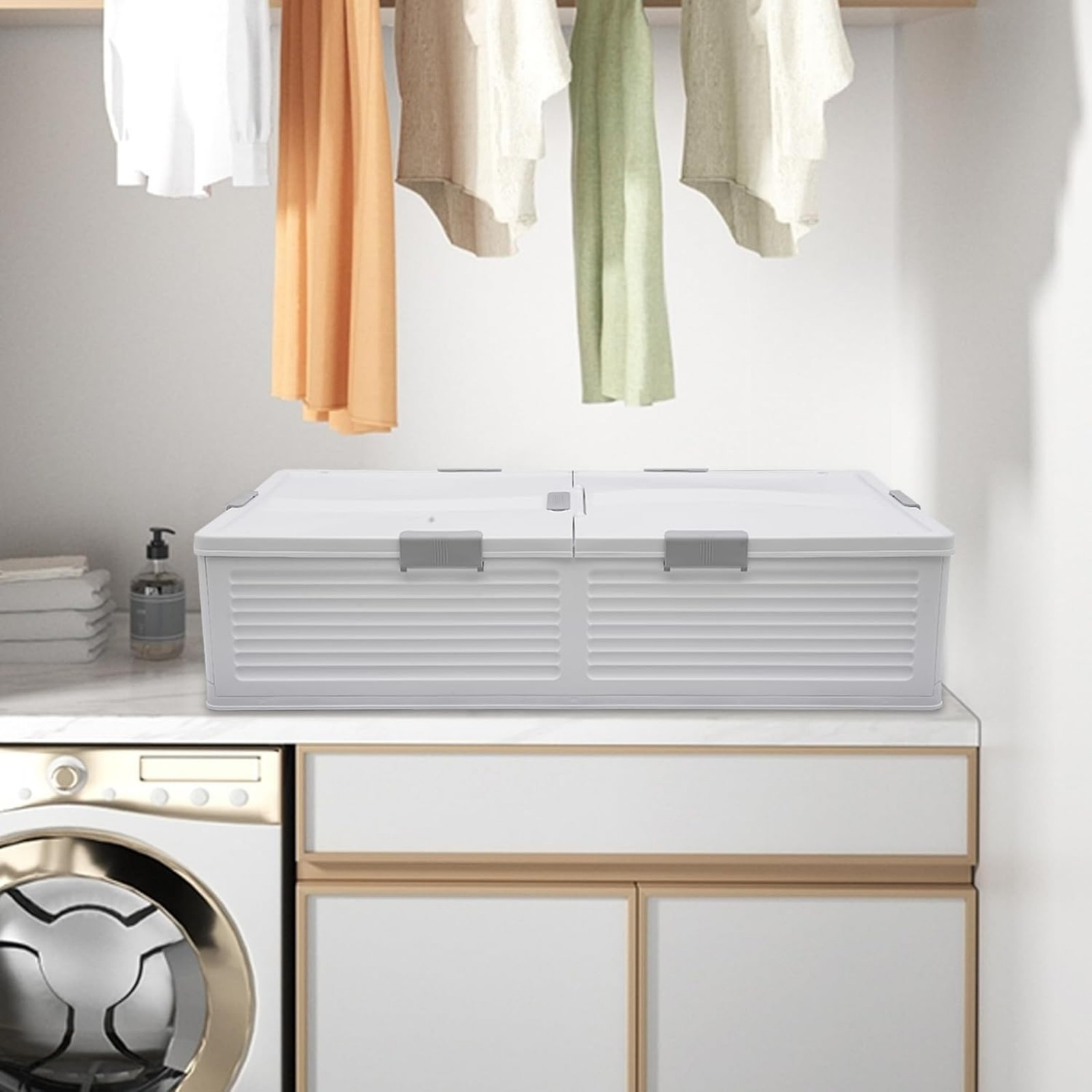 E-shop CNCEST Faltbare Unterbett-Aufbewahrungsbox mit Rädern, 101 x 51.5 x 24 cm, Weiße Kunststoff-Aufbewahrungsbox mit doppelseitigem Deckel,