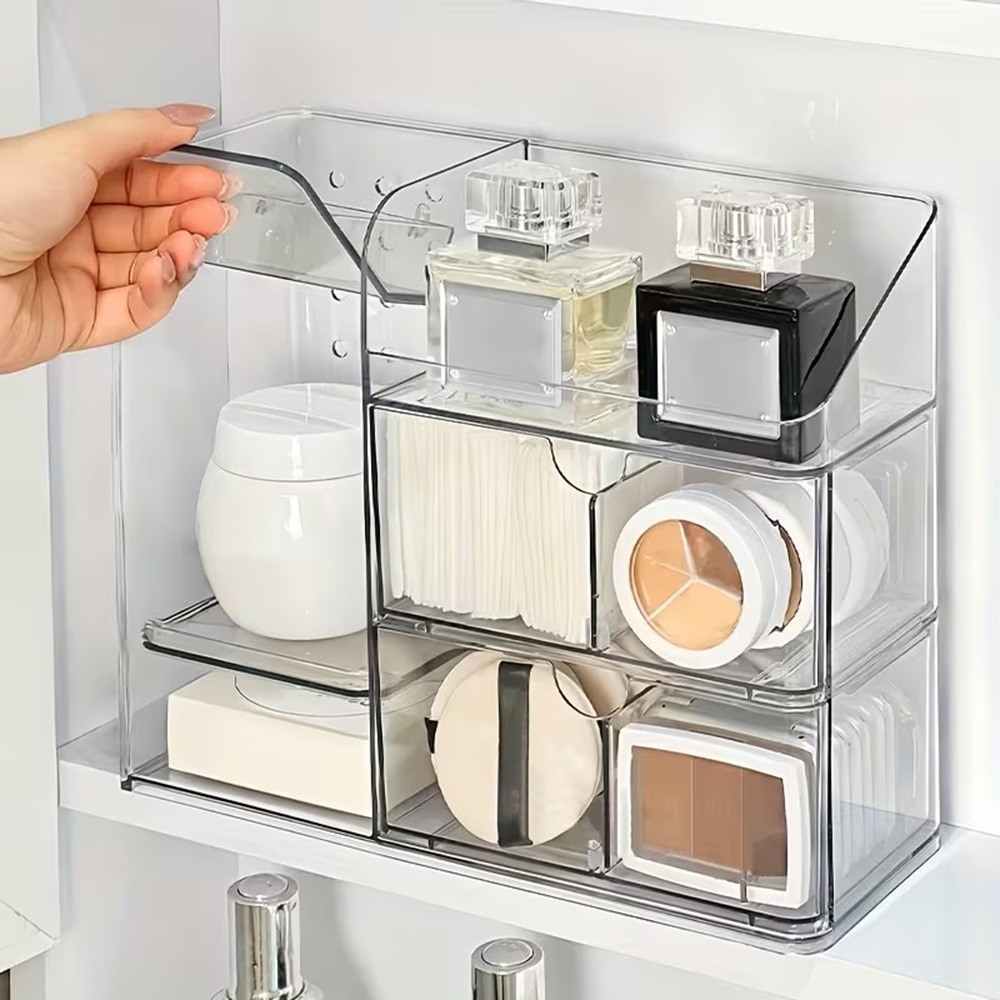 Makeup Vanity Storage Organizer, Transparent Acrylic Cosmetic Holder With Jewelry Compartment, Bathroom Additions Organizer With Removable Dividers