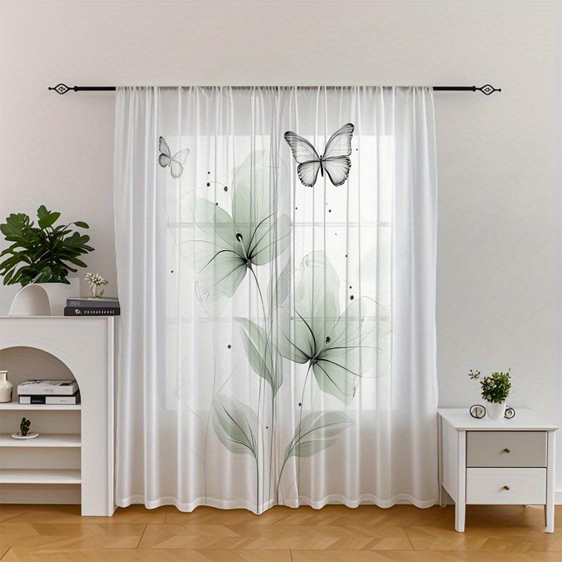 TEMU 2pcs/ Set Of Flower And Printed Window Screens, Elegant Style Painting On The Window, And Vibrant Painting Colors, Translucent Gauze Curtains,