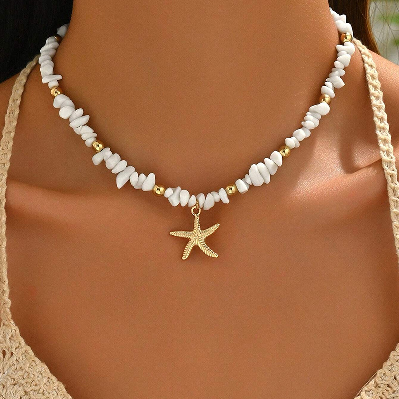 E-shop ., Trendige Damen Choker Halskette, Sommerlicher Ozean-Stil mit einem goldenen künstlichen Seestern-Anhänger, Unregelmäßige synthetische Türkis