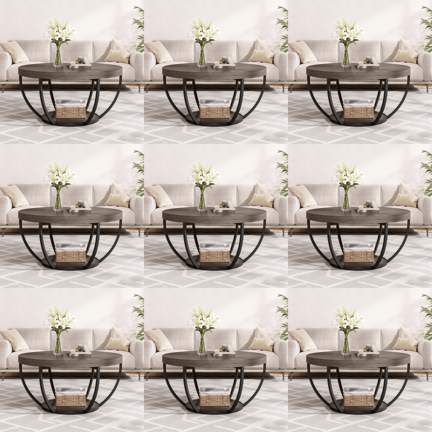 Modern Industrial Round Coffee Table With 2-tier Storage Shelf - Wood & Retro Table Suitable For Home Office, Sofa Side,, , Grey And Black, Space- For Small Spaces