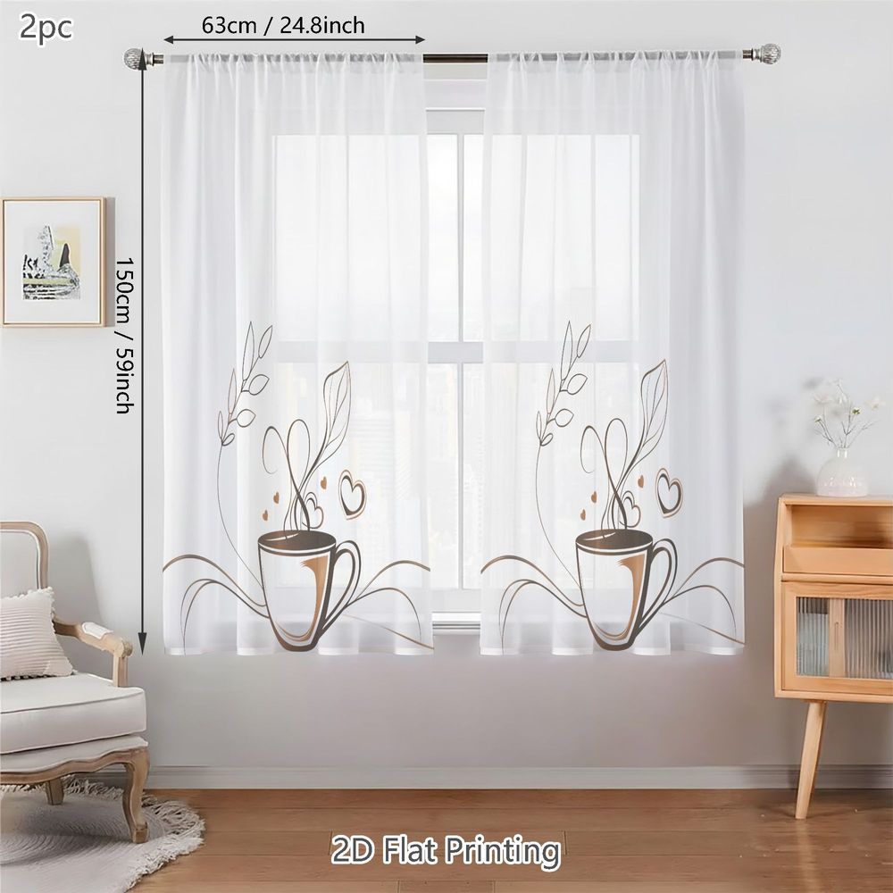 TEMU 2d Flat - 2d Flat - 2d Flat, 2pcs Spring Summer Small Sheer Curtains, With Minimalist Coffee Cup And Heart Steam Pattern, For Living Rooms,