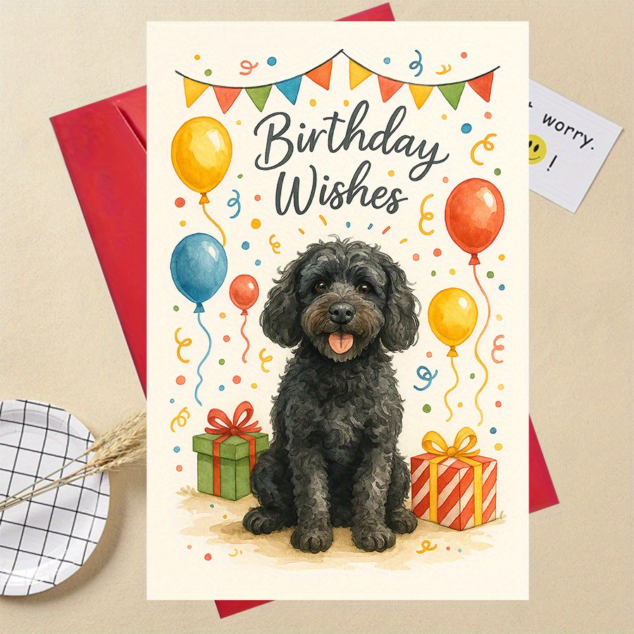 TEMU 1pc Funny Gift Dog Birthday Card - Cute Black Poodle Greeting Card For Dog Lovers, , Family, And Pet Owners, Featuring Fun Party Balloons And