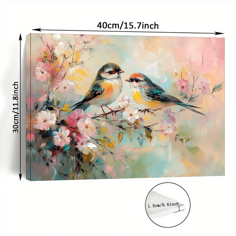 TEMU 2d Flat, 1pc Wooden Framed Canvas Art - Vibrant 2 Birds On Painting, Soft Pastel Colors, 11.8x15.7 Inch Wrap-around Frame, Detailed Birdwork