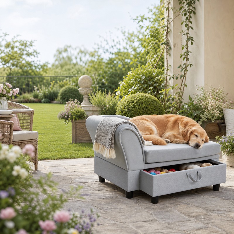 Image of Pet Sofa With Storage Space, Soft Cushion, Up To 15kg Load Capacity, Plush Cover, Hardwood Frame, Gray