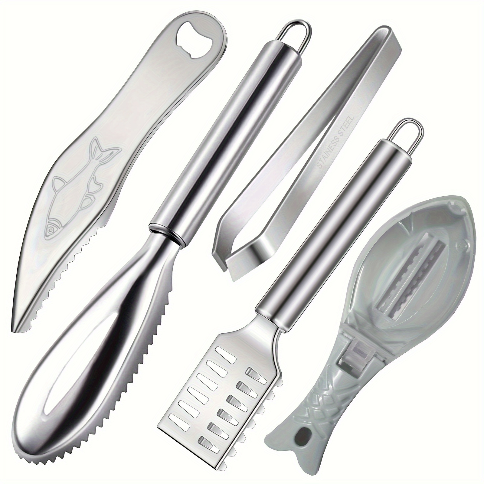 

5pcs Professional Seafood Tool Set - Stainless , Fish Scraper, Bone Pliers, Fish And Serrated Fish With Bottle - Essential Kit For Home