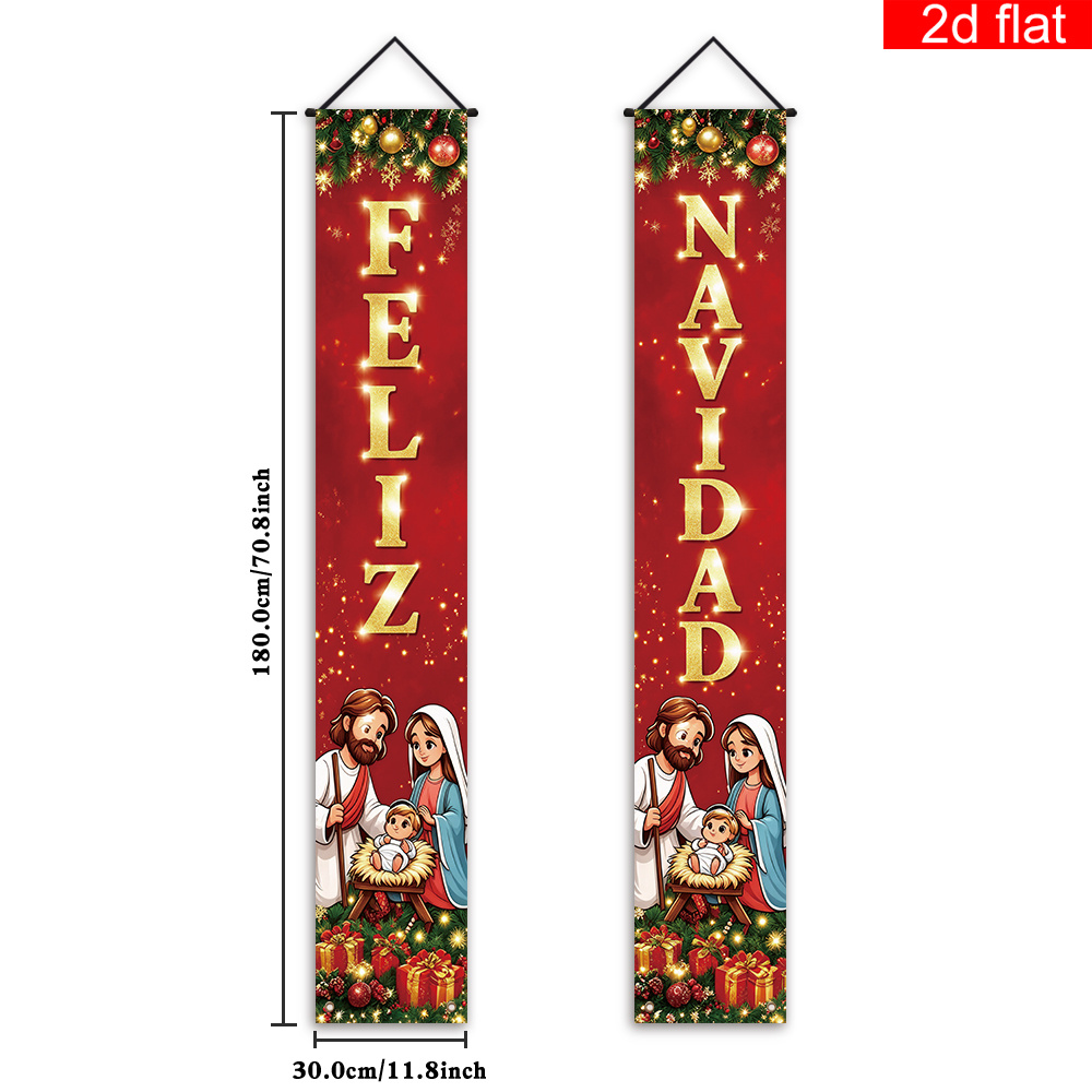 TEMU 2d Flat, 2d Flat - 2d Flat Banner, 2pcs Spanish "merry Christmas" Front Door Porch Sign Party Banner, Polyester, Red Background With Cartoon