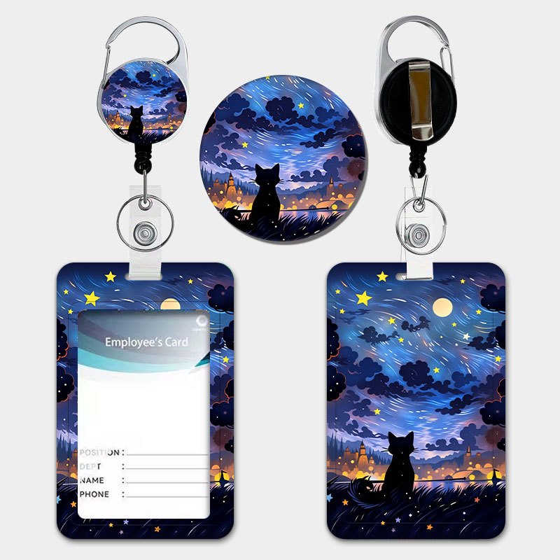 TEMU A Black Cat Starry Night Scene Printed Case Featuring A Retractable Lanyard With A Keychain, Made Of Durable Plastic, Suitable For Various Id