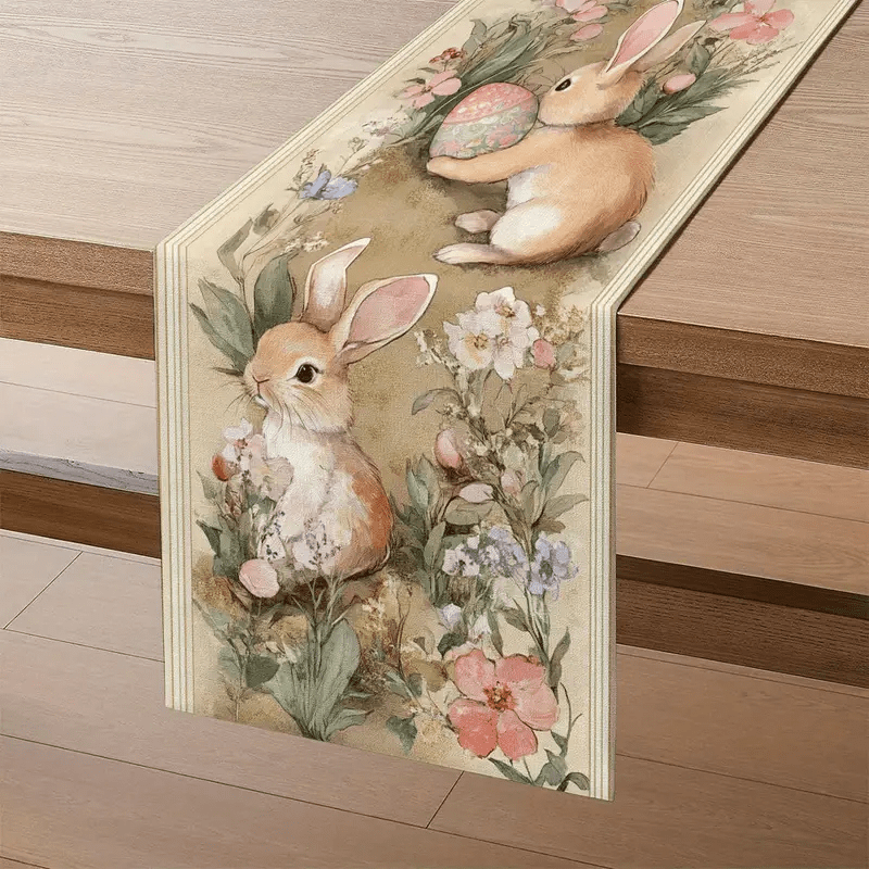 

1 Easter Bunny & Egg Table Runner - Pastel Spring Flowers Design, 100% Polyester, Rectangular Woven Decor For Daily Use, Farmhouse Style, Ideal For Holiday Parties