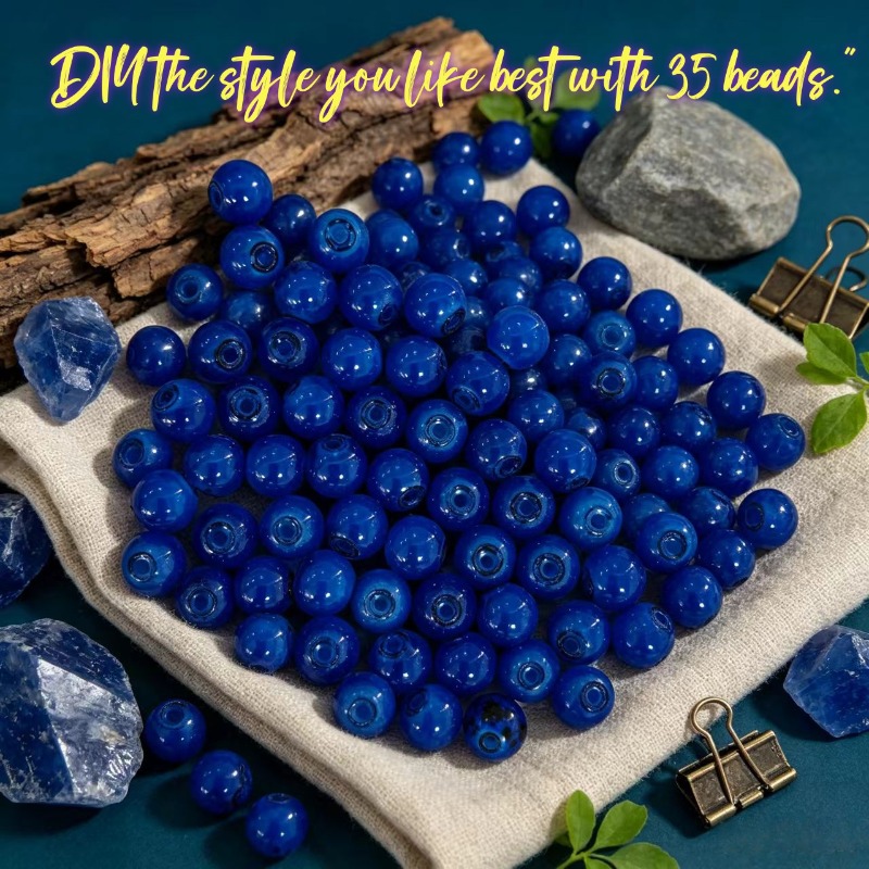 TEMU Royal Blue Round Bead Full Set 8mm 35pcs Hole-through Basic Loose Beads Hand Knitting Bracelet Necklace Accessory Material Bag