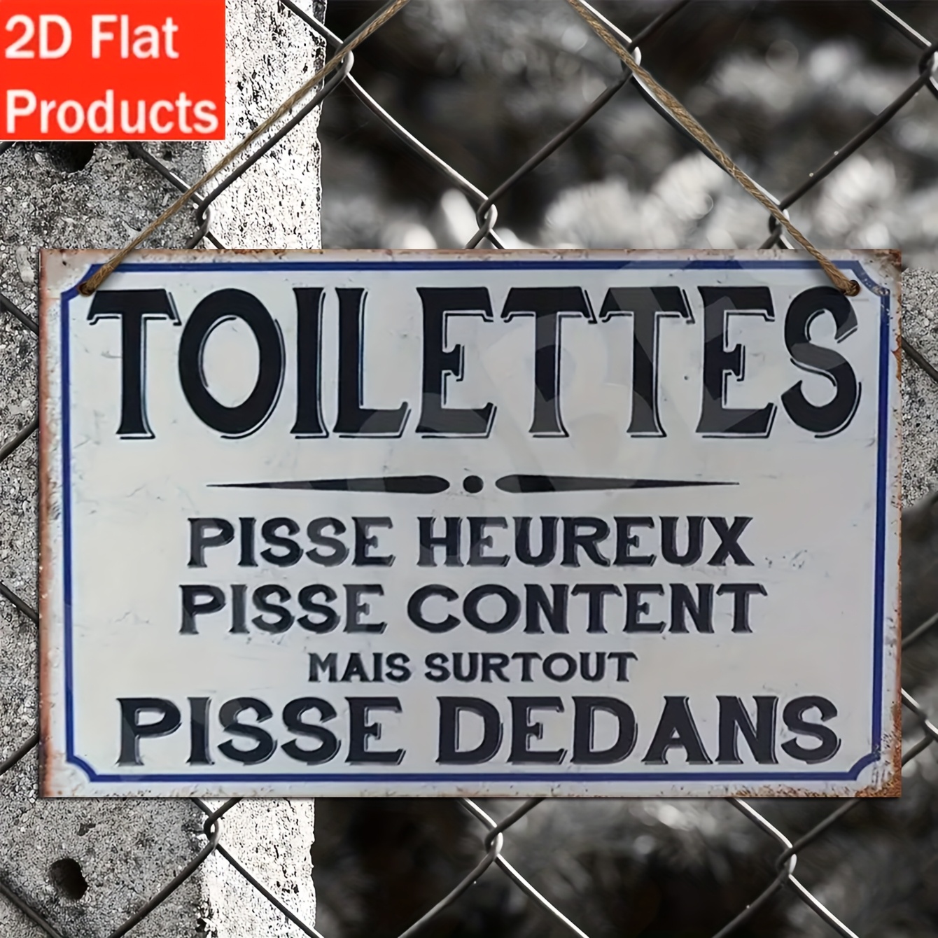 TEMU Plaque et Ornement Décoratifs 2D Plats 1pc - Plaque de Toilette Française Vintage - Art Mural en Bois avec Texte "Toilet", Design Rustique Bleu