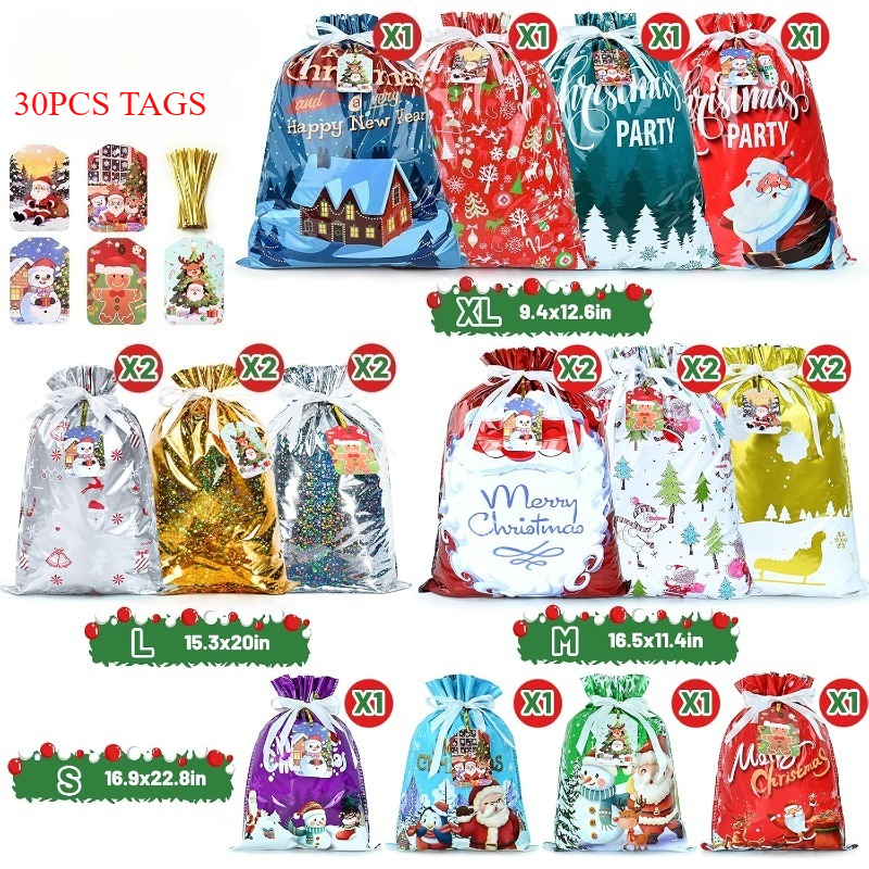 TEMU 50pcs Christmas Drawstring Gift Bags With Tags: 20pcs Bags And 30pcs Tags, Small Medium Big Sizes Gift Bags, Suitable For Christmas Gifts And