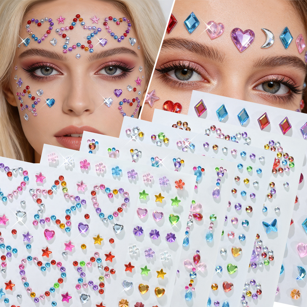 6 Sheets Mixed Gems & Body Jewels Rhinestone Stickers, 6 Sheets Self-adhesive Rhinestone Stickers, Gems For Festival, Rave, Party, Halloween, Makeup & Nail Art Decorations