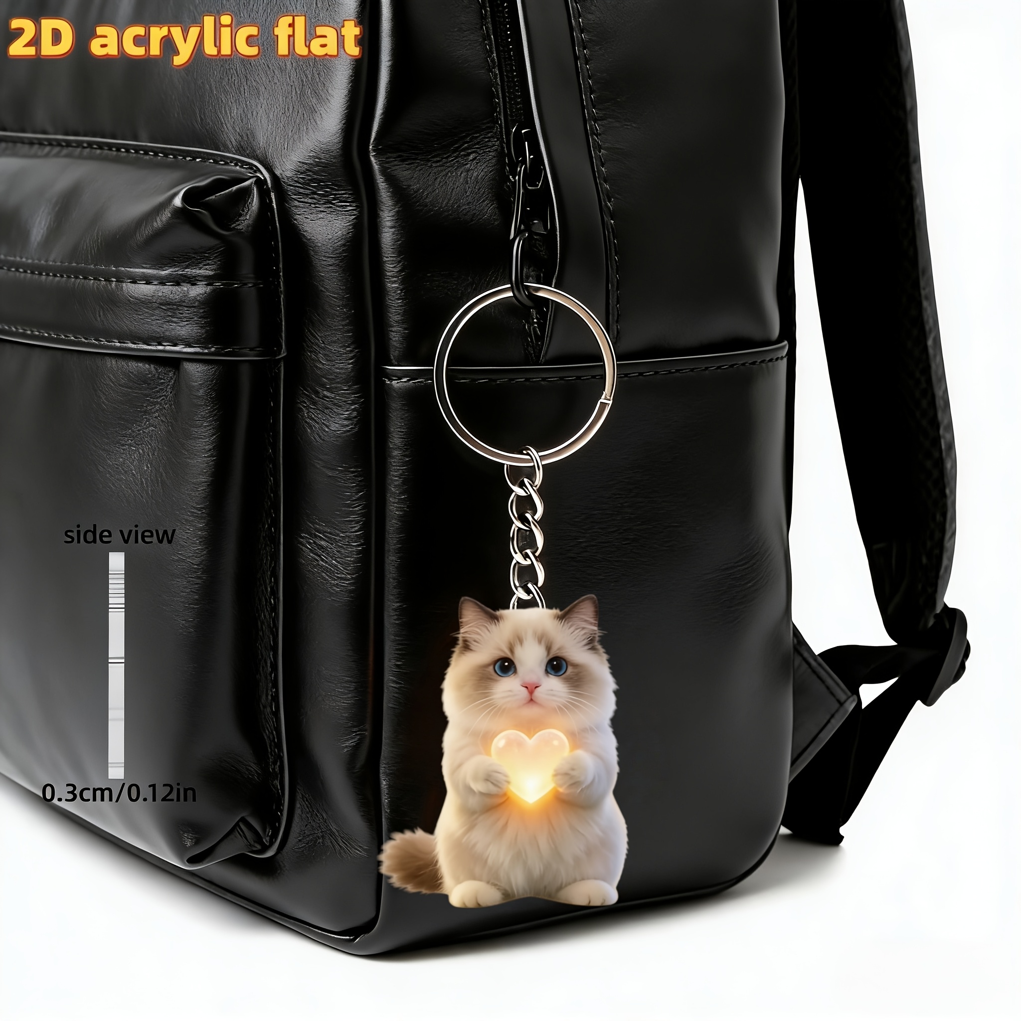 TEMU 2d Flat, 1pc Cute Ragdoll Cat Holding A Glowing Heart Keychain, Fun 2d Flat Acrylic Design Multi-functional Keychain Ornament, Suitable For Car