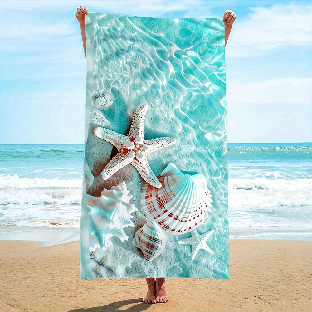 TEMU 1pc, Microfiber, Ocean Shell Starfish Pattern Beach Towel, Quick-drying Microfiber, Strong Wrap Design, Suitable For Beach And Pool Use, Beach
