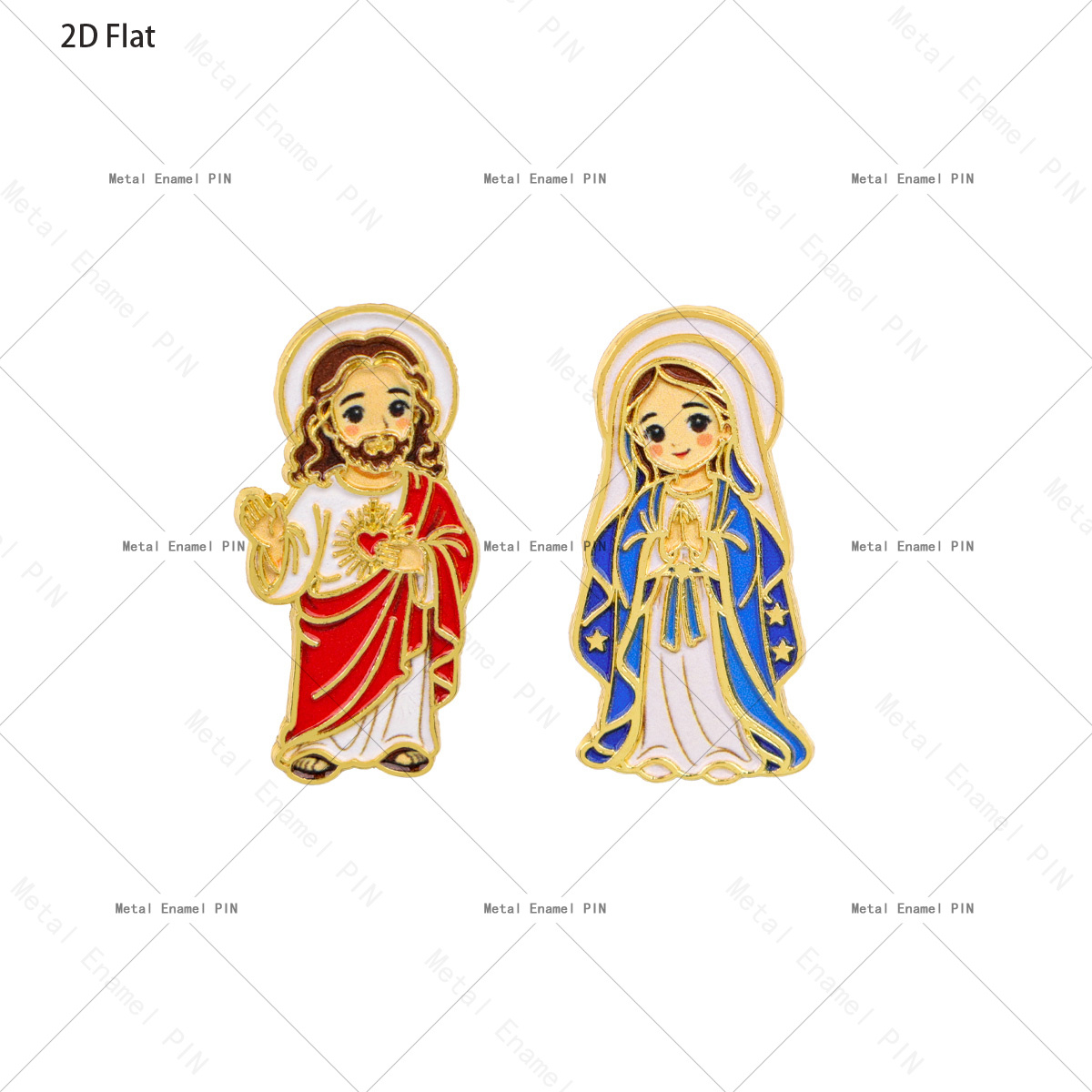 TEMU 2d Flat 2pcs Cute Cartoon Heart Jesus And Virgin Mary Enamel Lapel Pins, Religious Faith Brooches, Unisex Decorative Pins For Clothing And Bible