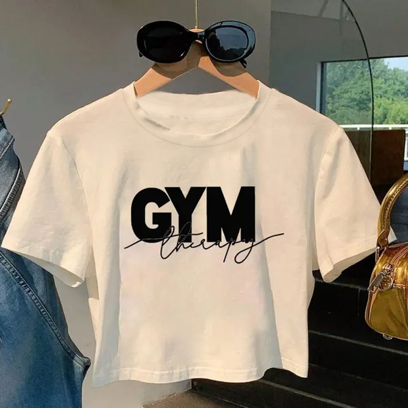 

Texture] Women's Y2k-inspired "gym" Letter Print - Casual Short Sleeve, Round Neck, Stretchy Polyester , Machine Washable - Spring/summer/fall