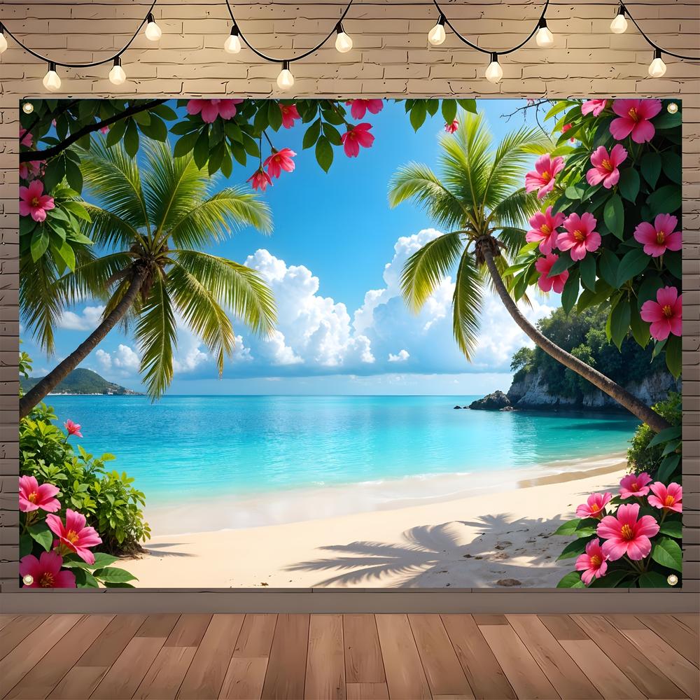 TEMU 2d Flat, 2d Flat - 2d Flat - 2d Flat - A 2d Beach Banner Designed For A Tropical Party Backdrop, Featuring Summer Decorations With Palm Trees,