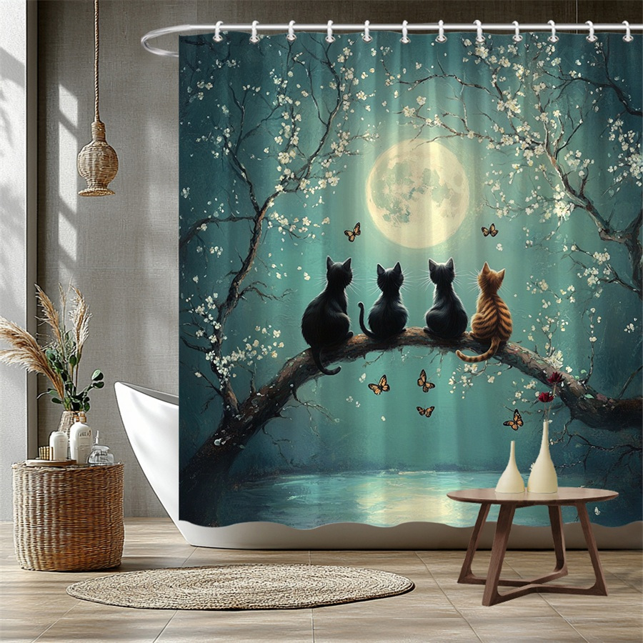 TEMU 1pc 2d Flat Moonlight Cat Shower Curtain - Surreal Fantasy , 4 Cats With Flower Branches, Glowing And Butterflies - Machine Washable Material