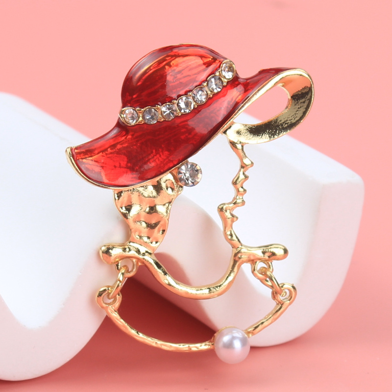 Image of Painted Red Sun Hat Corsage Pin Cutout Portrait High-end Brooch Pin Coat Corsage Accessories.