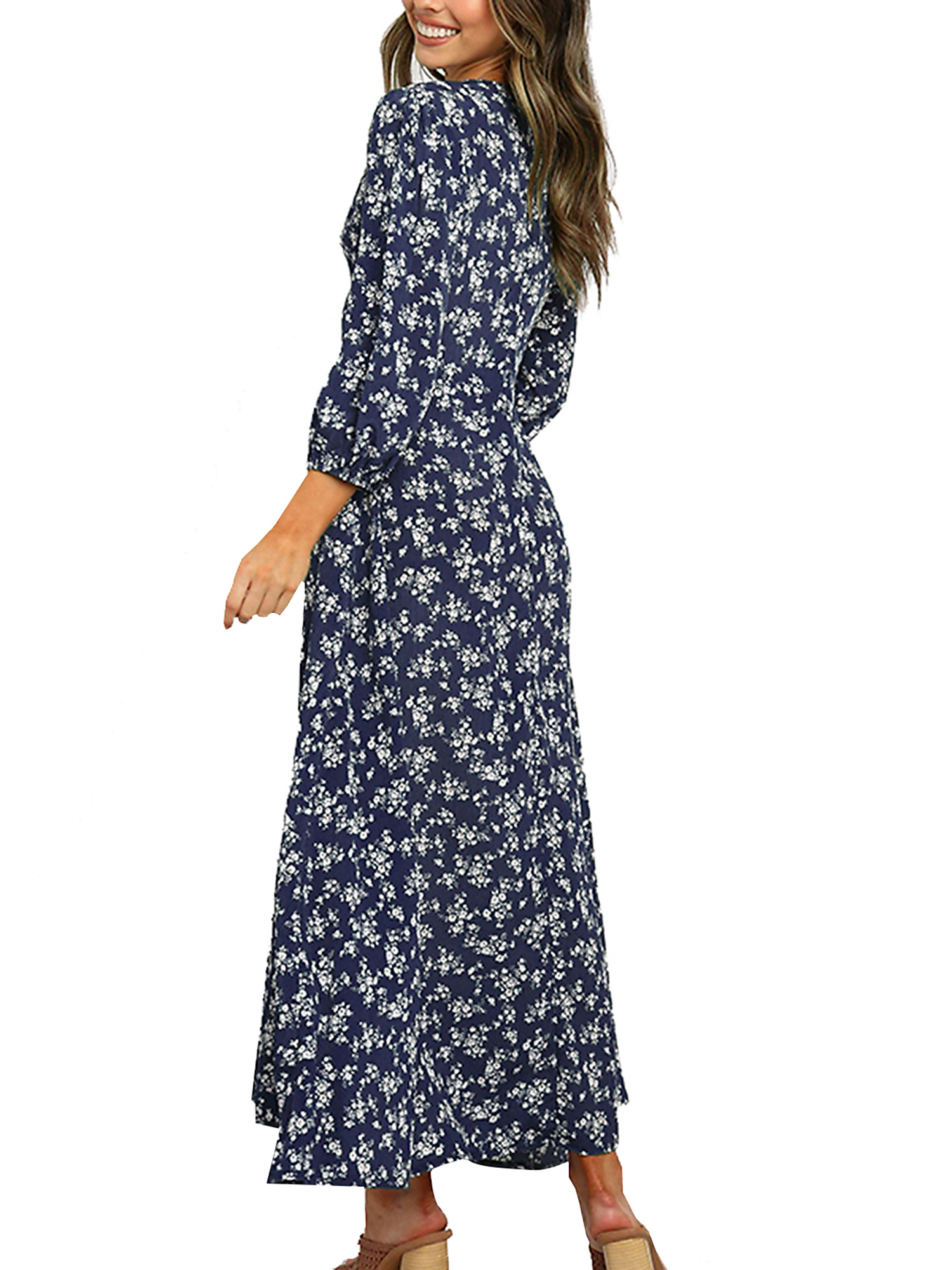 women 3 4 sleeve maxi dress button floral print dress v neck - Temu