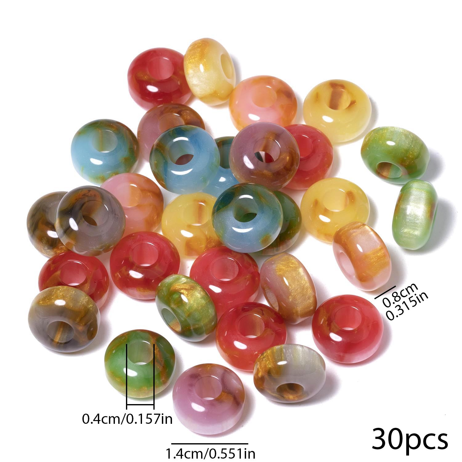 E-shop 30 Stück/Partie 14x8mm Gemischte Farben Großloch-Resinperlen mit Abstand und Isolierperlen, ideal für DIY-Schmuckherstellung, Armbänder,