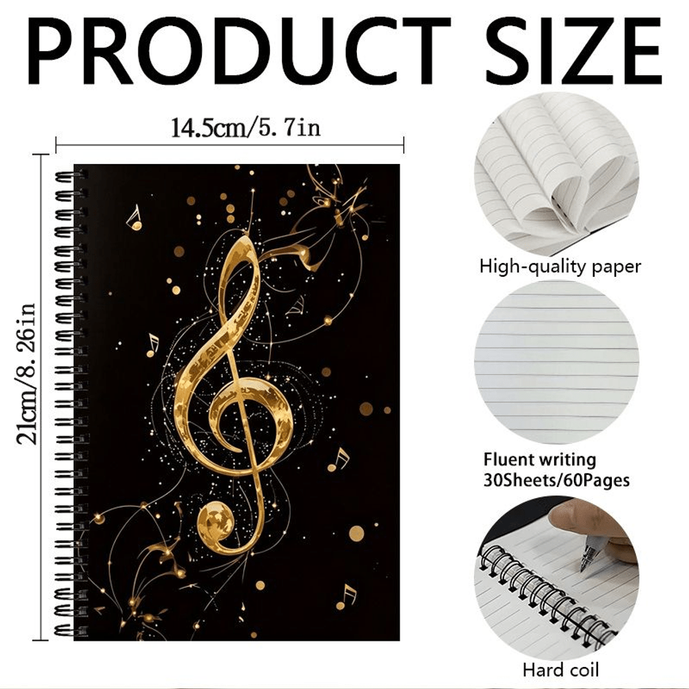 TEMU Golden Treble Clef Music Note Spiral Notebook, Daily Organizer With To-do List And Tasks, Portable Planner For Work, School, Home, Office