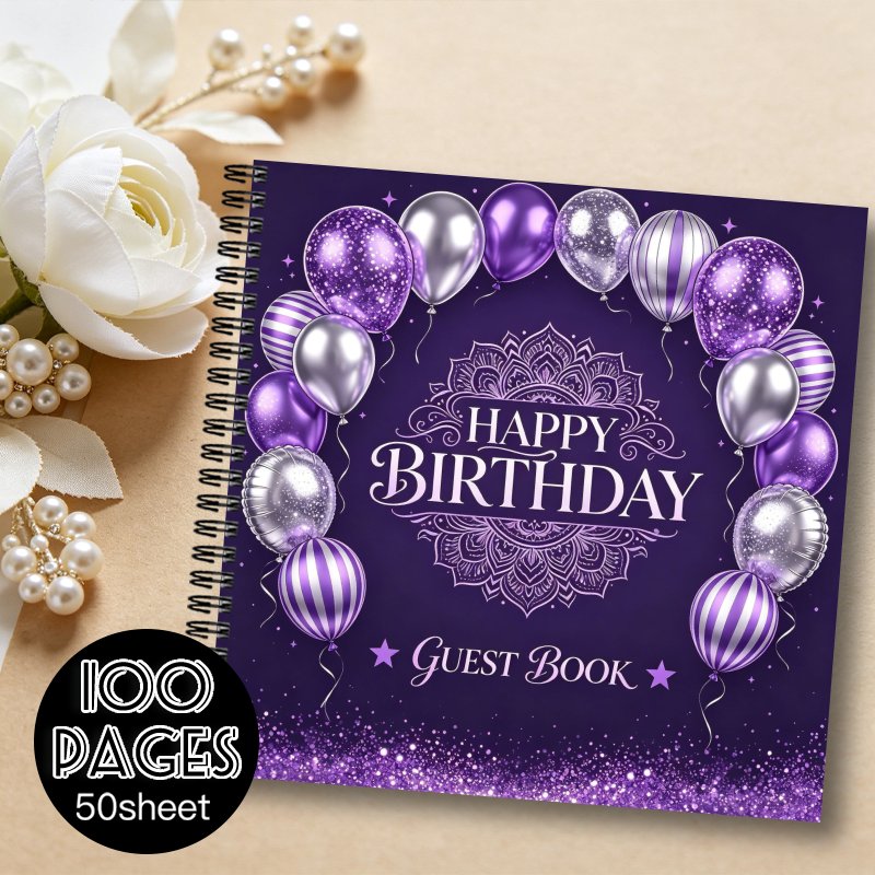 TEMU 1pc Guest Book Ideal Gift For , 028 Square Purple Balloon Decor Happy Birthday Book Suitable For Various Celebration Events