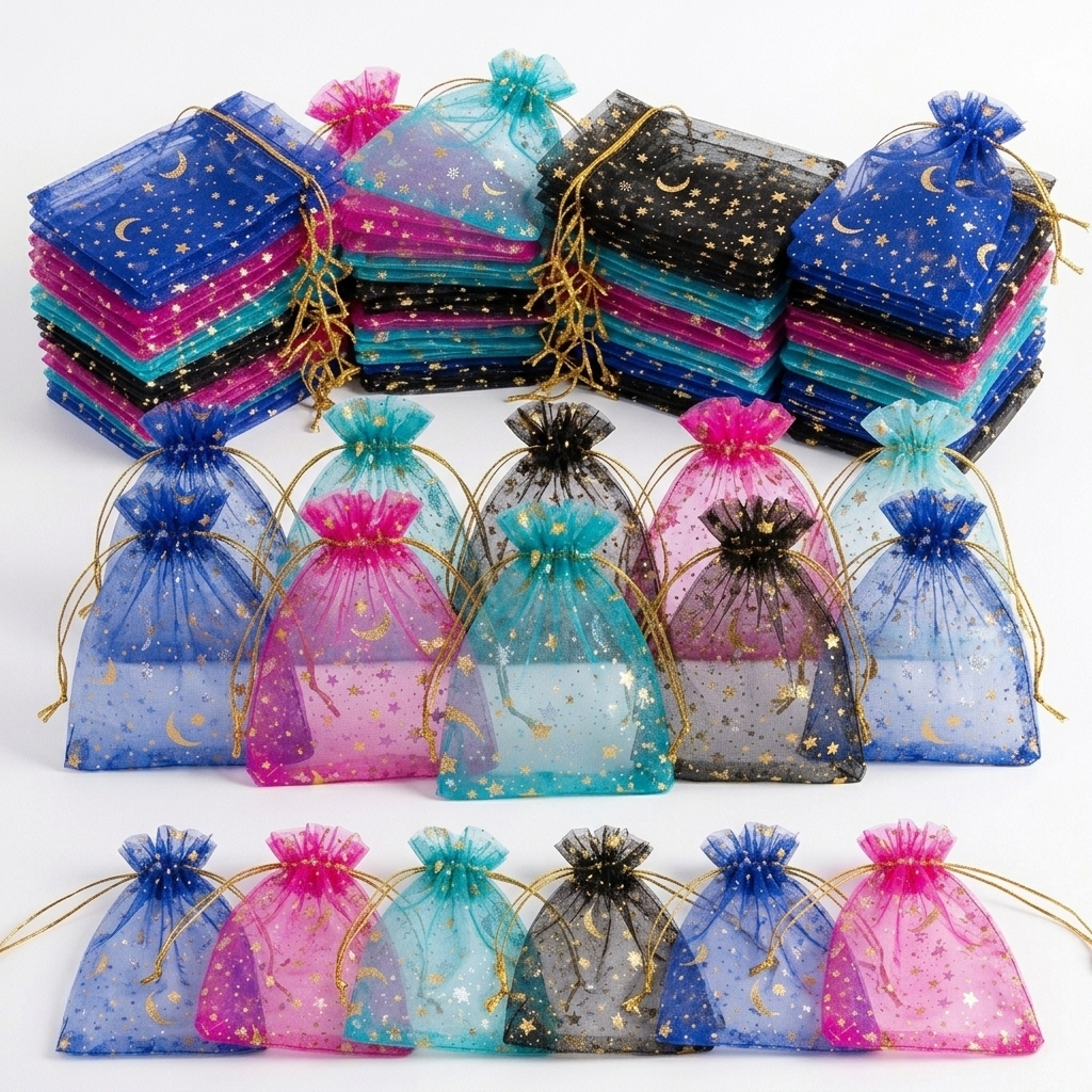 TEMU 103pcs Random Color Sheer Organza Gift Bags, Star Moon Pattern Jewelry Packaging Pouches, Multicolored Drawstring Candy Bags With Ribbon Cinch