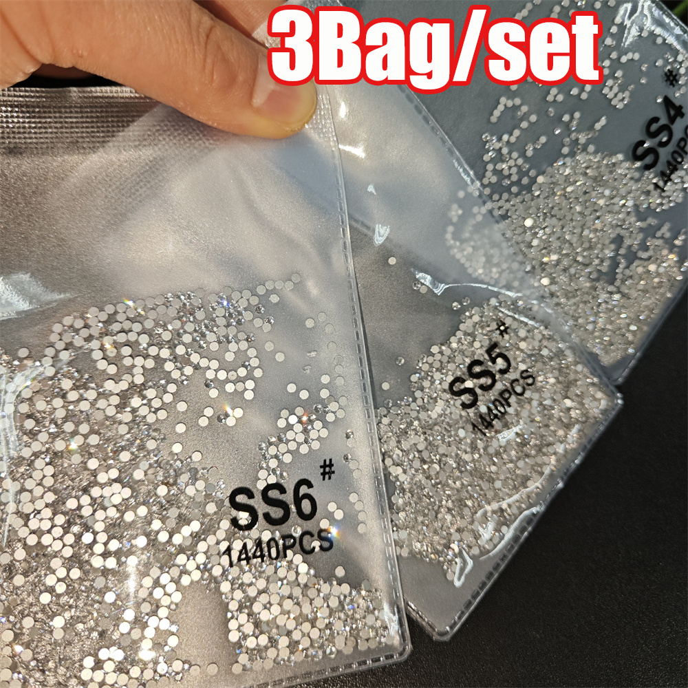 TEMU 3bag/set Ss4/ss5/ss6 Clear/ab Non-hotfix Nail Round Diamond Flat-back Shinying Nail Crystal Mixed-3size Ab Clear Manicure Decoration Jewelry Diamond