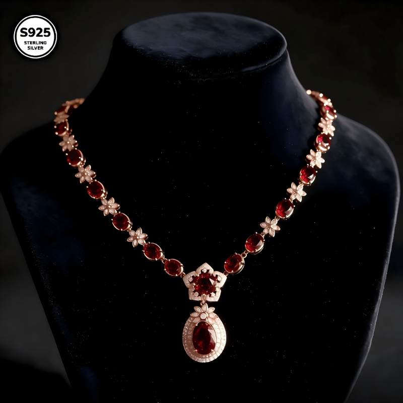 Image of 925 Rose Oval Moissanite Necklace, Flower Accent Teardrop Halo Pendant Necklace, Gift For Valentine's Day Mother's Day Birthday Anniversary Thanksgiving Christmas New Year, With Exquisite Gift Box