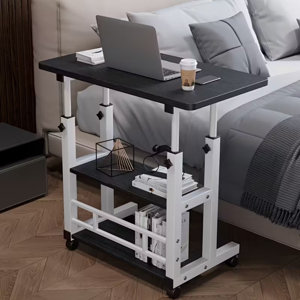 TEMU Adjustable Height Multi-tier Rolling Computer Desk With Storage Shelves - Foldable Study Desk Suitable For Home, Dorm, Bedside - Space- Modern