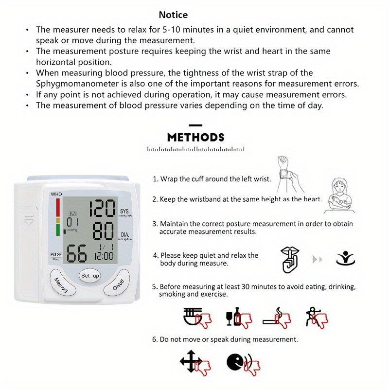 automatic wrist   with adjustable cuff home bp     measurement irregular heartbeat alert   normal diastolic pressure display portable arm cuff for adults battery powered batteries not included ideal for   monitoring travel   management userfriendly design   cuff   reliable performance elderly care Product details 5