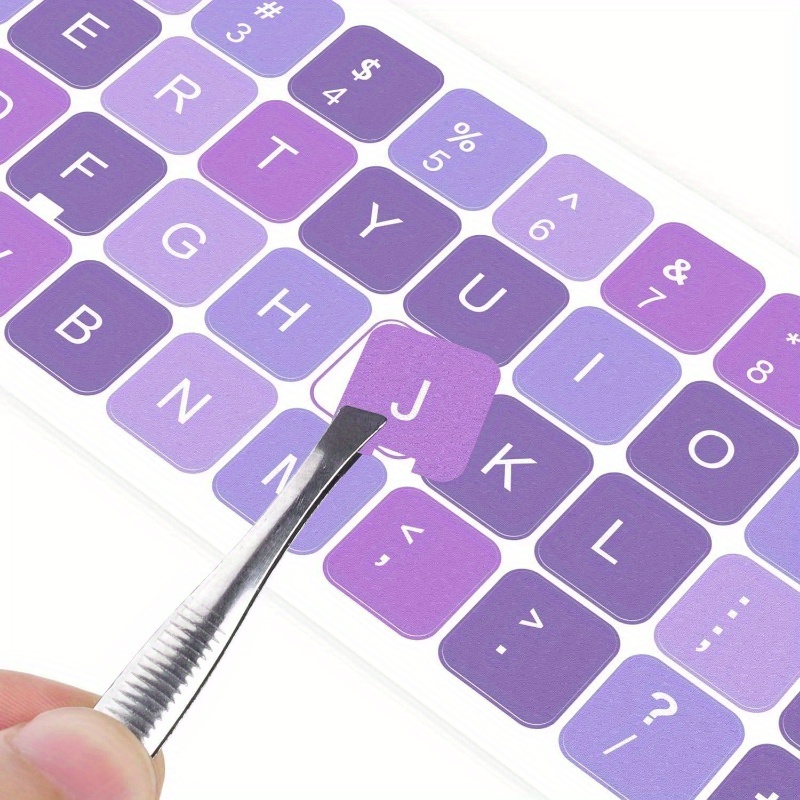 2pcs english keyboard stickers with tweezer, universal keyboard sticker purple background with white lettering keyboard letters replacement stickers for computer laptop notebook desktop - english details 0