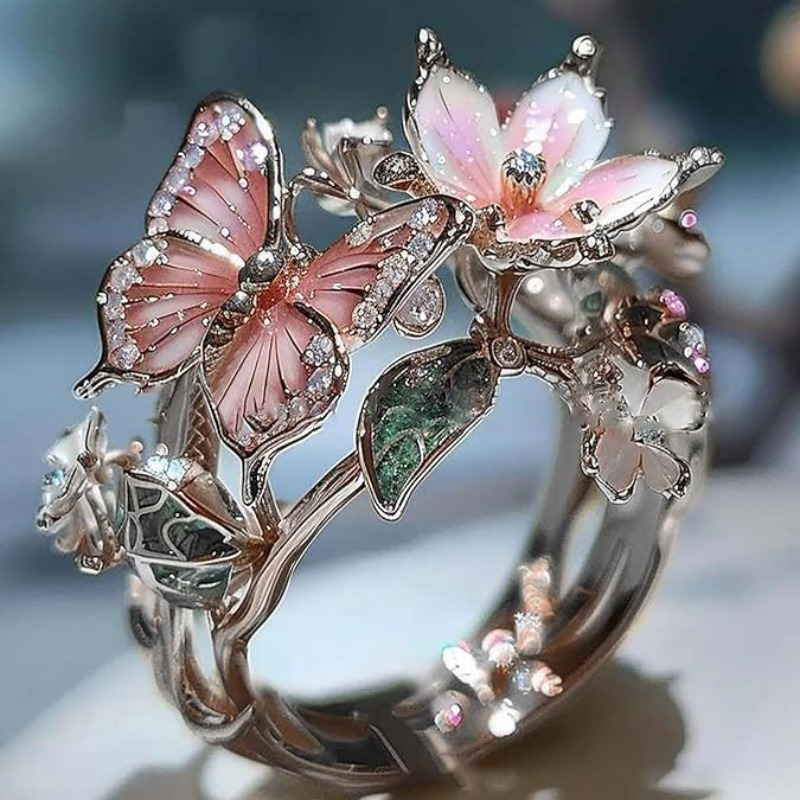 

Elegant Pink & Flower Adjustable Ring - Stainless Steel, Sparkling Accents, All